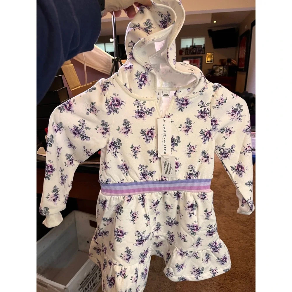 Janie and Jack Floral Hooded Dress Toddler Girls Size 12 White NEW Floral Ruffle